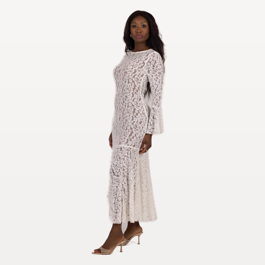 Robe longue dentelle ivoire - profil droit